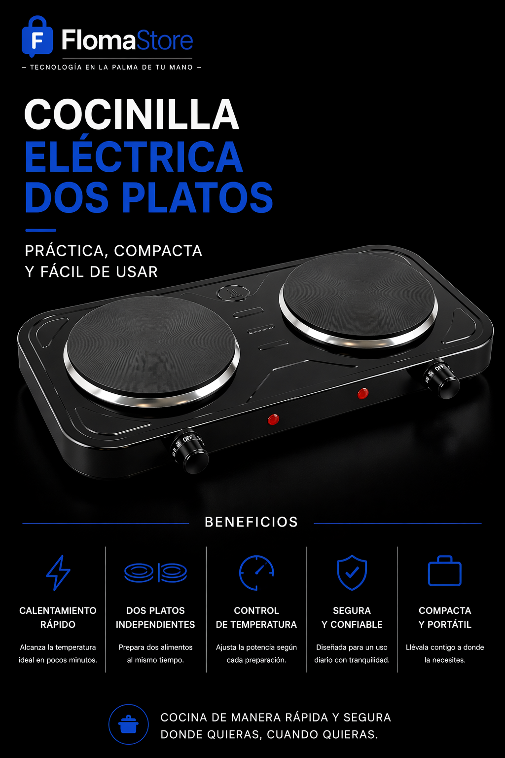 Cocinilla eléctrica de 2 platos portátil