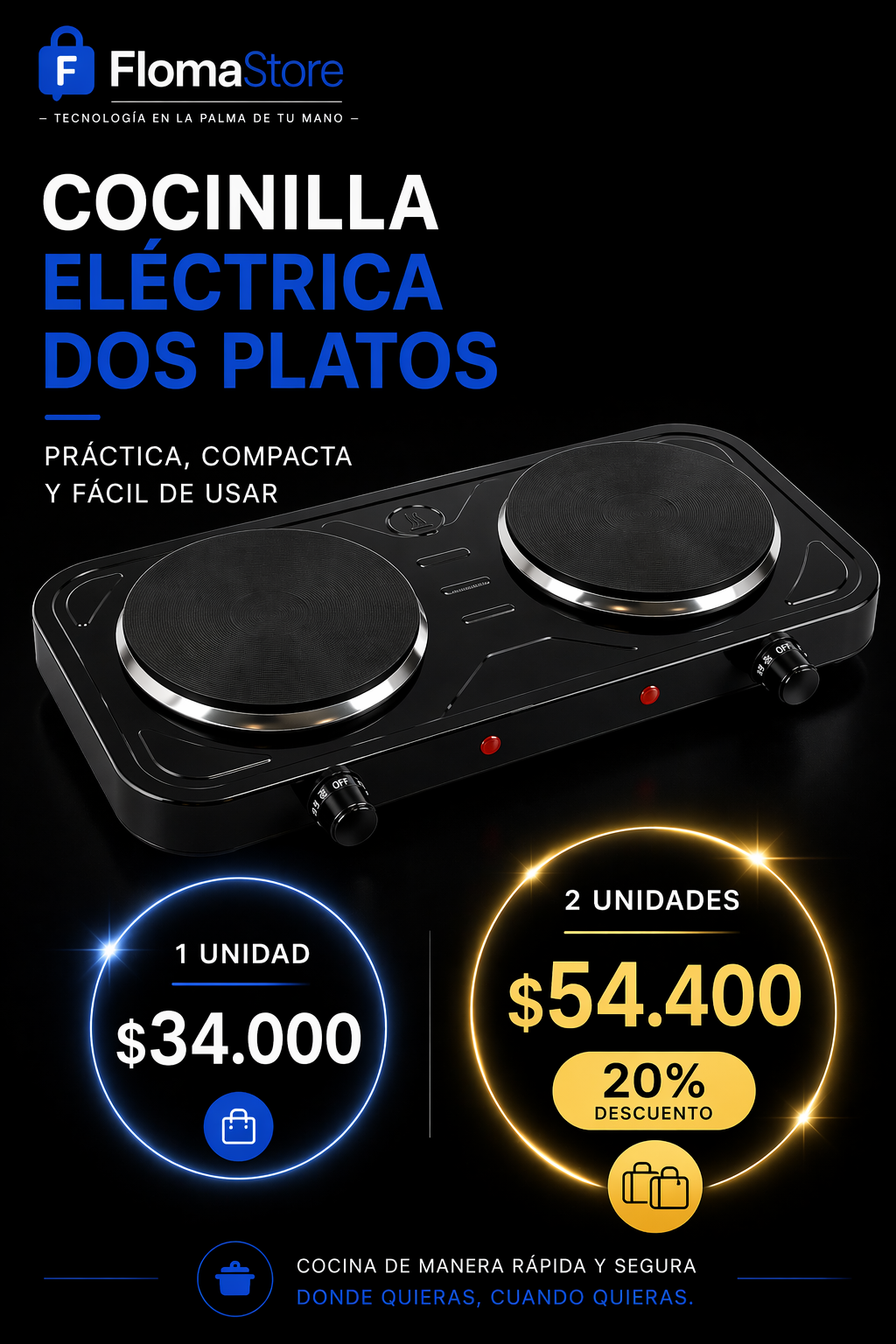 Cocinilla eléctrica de 2 platos portátil
